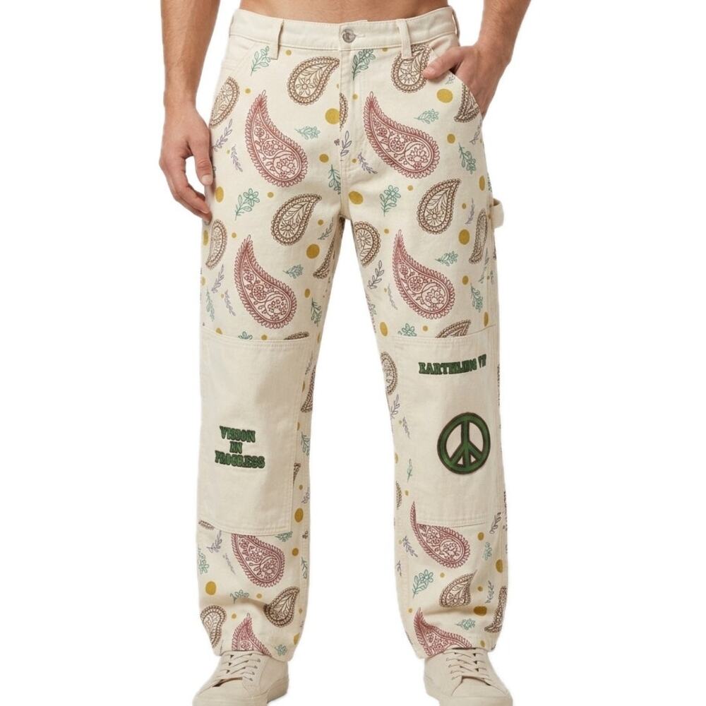 Earthling VIP Hippie Cream Paisley Peace Embroidered Carpenter Pants Men Size 34